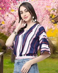 Elegant Blue Crepe Striped Tops For Women-thumb1