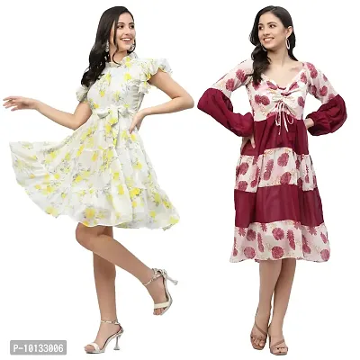 Attractive Midi Length Georgette Printed Fit And Flare Dress Combo For Women Pack Of 2