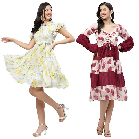 Attractive Midi Length Georgette Fit And Flare Dress Combo For Women Pack Of 2