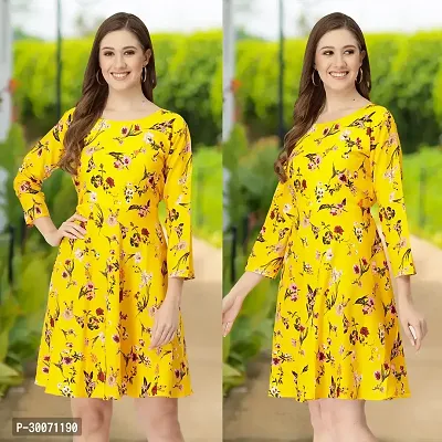 Stylish Yellow Crepe Printed Fit And Flare Dress For Women-thumb0