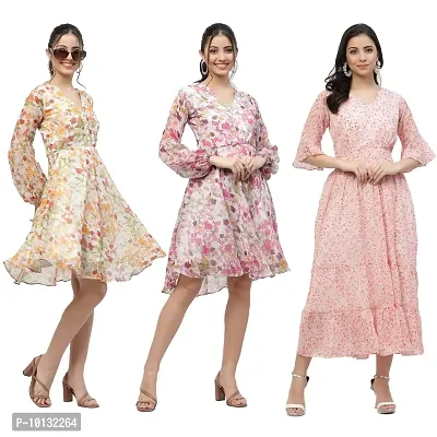 Attractive Midi Length Georgette Printed Fit And Flare Dress Combo For Women Pack Of 3-thumb0