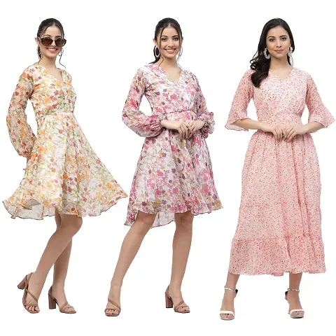 Attractive Midi Length Georgette Fit And Flare Dress Combo For Women Pack Of 3