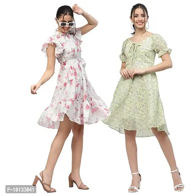 Attractive Midi Length Georgette Printed Fit And Flare Dress Combo For Women Pack Of 2