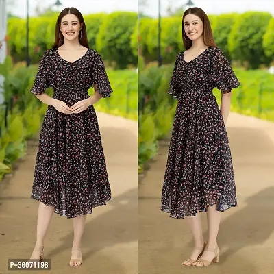 Stylish Black Georgette Printed Fit And Flare Dress For Women-thumb0