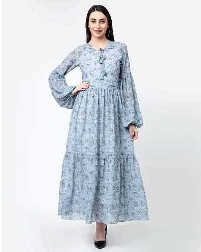 Latest Sky Blue Georgette Tie Up Neck Balloon Sleeve  Fit And Flare Dress