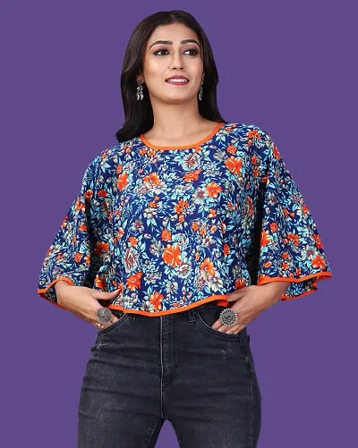 Womens Crepe  Blue Round Neck Half Sleeve Printed Poncho Top