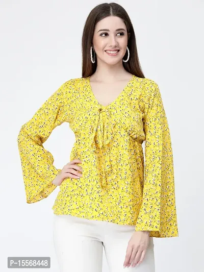 Women's Yellow Crepe Printed Regular Top