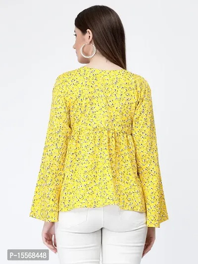 Women's Yellow Crepe Printed Regular Top-thumb2