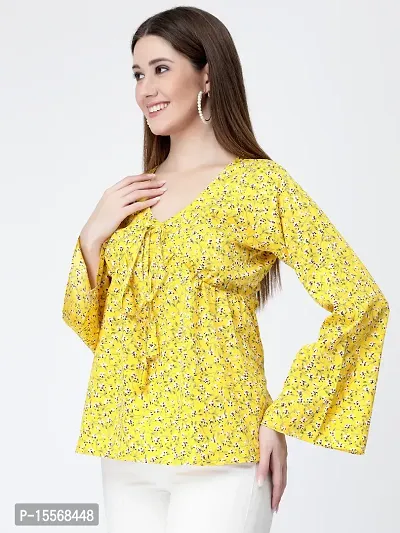 Women's Yellow Crepe Printed Regular Top-thumb3