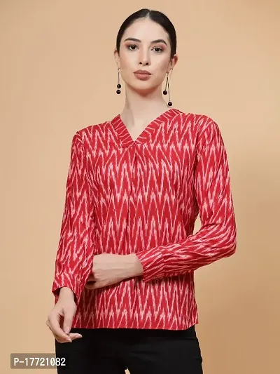 Womens Red V Neck Cuff Sleeve Geometric Printed Top-thumb0