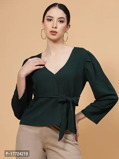 Women's Green V Neck Regular Sleeve Solid Top-thumb0