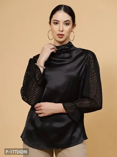 Womens Black High Neck Peasant Sleeve Solid Top