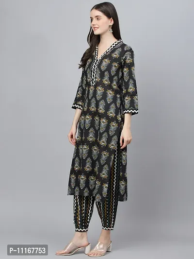 Reliable Black Cotton Straight Kurta Hem Cuffed Pant Set For Women-thumb2