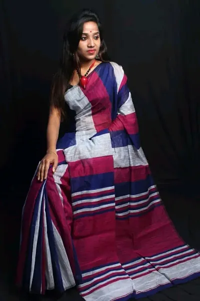 Handloom Silk Cotton Striped Sarees With Blouse Piece