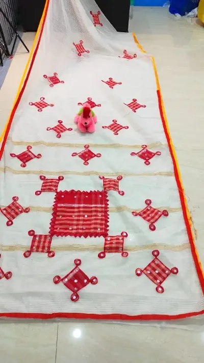 Handloom Silk Cotton Applique Mirror Work Sarees With Blouse