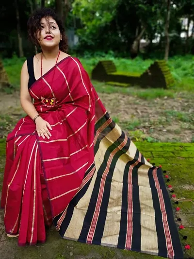 Handloom Cotton Silk Striped Sarees With Blouse Piece
