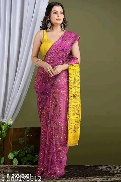 Elegant Cotton Sikh Madhubani Sarees With Blouse Piece