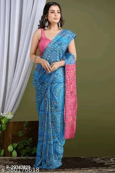 Elegant Cotton Sikh Madhubani Sarees With Blouse Piece-thumb0