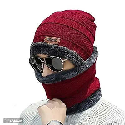 HEMSKAR Winter Knit Beanie Woolen Cap Hat  Neck Warmer Scarf Set for Men  Women (RED)-thumb0