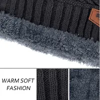 HEMSKAR Winter Knit Beanie Woolen Cap Hat  Neck Warmer Scarf Set for Men  Women (BLACK)-thumb2