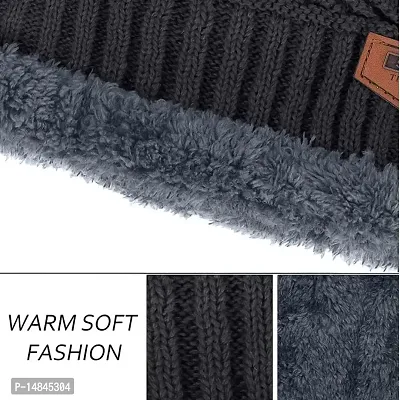 HEMSKAR Winter Knit Beanie Woolen Cap Hat  Neck Warmer Scarf Set for Men  Women (BLACK)-thumb3