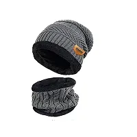 HEMSKAR Winter Knit Beanie Woolen Cap Hat  Neck Warmer Scarf Set for Men  Women (GREY)-thumb3