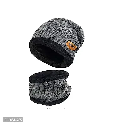 HEMSKAR Winter Knit Beanie Woolen Cap Hat  Neck Warmer Scarf Set for Men  Women (GREY)-thumb4