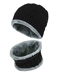 HEMSKAR Winter Knit Beanie Woolen Cap Hat  Neck Warmer Scarf Set for Men  Women (BLACK)-thumb3