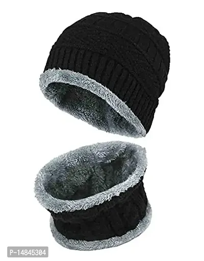 HEMSKAR Winter Knit Beanie Woolen Cap Hat  Neck Warmer Scarf Set for Men  Women (BLACK)-thumb4