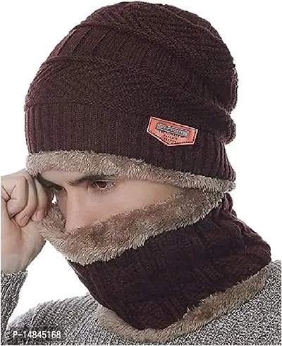 HEMSKAR Winter Knit Beanie Woolen Cap Hat  Neck Warmer Scarf Set for Men  Women (BROWN)-thumb0