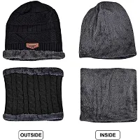 HEMSKAR Winter Knit Beanie Woolen Cap Hat  Neck Warmer Scarf Set for Men  Women (BLACK)-thumb1