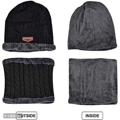 HEMSKAR Winter Knit Beanie Woolen Cap Hat  Neck Warmer Scarf Set for Men  Women (BLACK)-thumb2