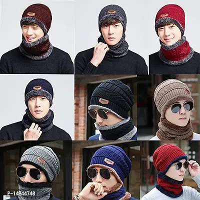 HEMSKAR Winter Knit Beanie Woolen Cap Hat  Neck Warmer Scarf Set for Men  Women (RED)-thumb5