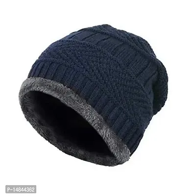 HEMSKAR Winter Knit Beanie Woolen Cap Hat  Neck Warmer Scarf Set for Men  Women (BLUE)-thumb2