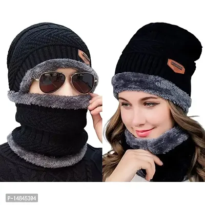 HEMSKAR Winter Knit Beanie Woolen Cap Hat  Neck Warmer Scarf Set for Men  Women (BLACK)