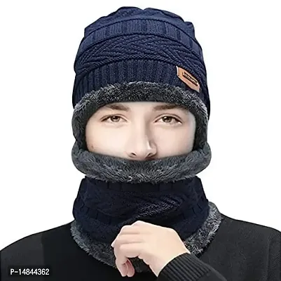 HEMSKAR Winter Knit Beanie Woolen Cap Hat  Neck Warmer Scarf Set for Men  Women (BLUE)