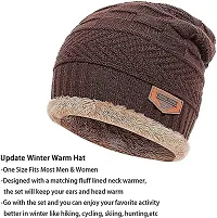 HEMSKAR Winter Knit Beanie Woolen Cap Hat  Neck Warmer Scarf Set for Men  Women (BROWN)-thumb2