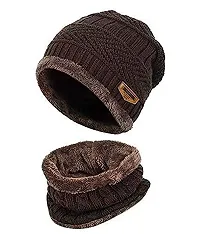 HEMSKAR Winter Knit Beanie Woolen Cap Hat  Neck Warmer Scarf Set for Men  Women (BROWN)-thumb1