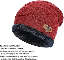 HEMSKAR Winter Knit Beanie Woolen Cap Hat  Neck Warmer Scarf Set for Men  Women (RED)-thumb2