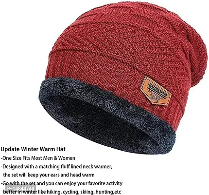 HEMSKAR Winter Knit Beanie Woolen Cap Hat  Neck Warmer Scarf Set for Men  Women (RED)-thumb3
