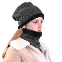 HEMSKAR Winter Knit Beanie Woolen Cap Hat  Neck Warmer Scarf Set for Men  Women (GREY)-thumb1