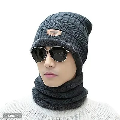HEMSKAR Winter Knit Beanie Woolen Cap Hat  Neck Warmer Scarf Set for Men  Women (GREY)-thumb0