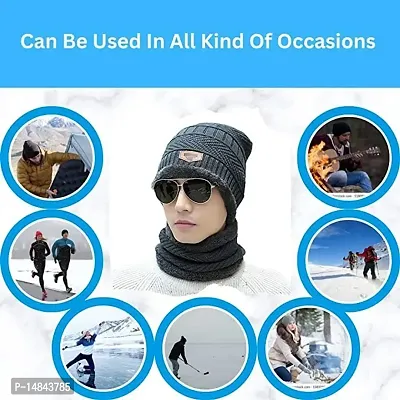 HEMSKAR Winter Knit Beanie Woolen Cap Hat  Neck Warmer Scarf Set for Men  Women (GREY)-thumb5