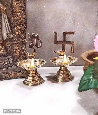 blissful decor Presents Om -swastik Stand Diya Brass Om Arti Diya Swastik Deepam Deepak Deep Stand Diya,Brass Diya for Puja Temaple Decoration, Oil Lamp Home Mandir Decor Gifts Diya Pack of -2