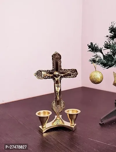 Blissful Decor Presents Brass Statue of Jesus Christ On Cross with 2 Candle Holder Stand for Worship Home Office Decor for Christmas-thumb0