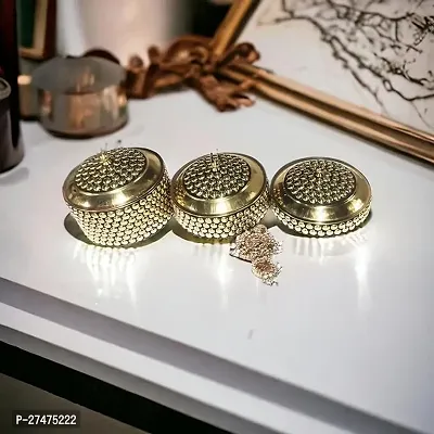 Blissful Decor presents Round Brass Box , Sindoor Box , Coin Box Brass Sindoor Box, Small Brass Button Design Kum Kum Box. Colour for Women and Home Decor (Pack of-3)