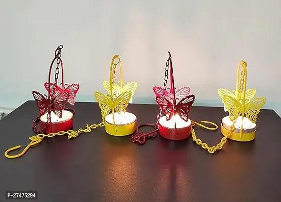 Blissful Decors Diwali Decorative Multicolur Hanging Butterfly Tealight Candle Holder Hanging Tea Light Holder Tealight Holder with Chain Diwali Gifts (Pack of 4)