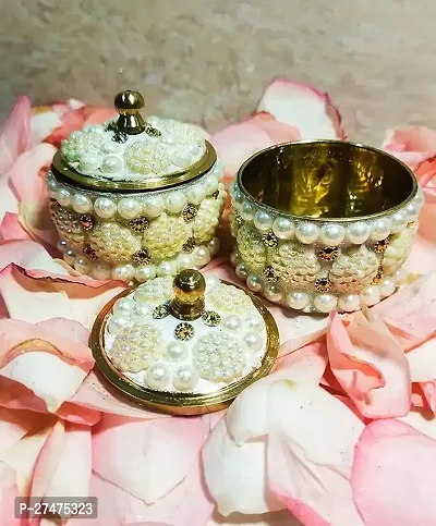 Blissful Decor presents Brass Handcrafted Sindoor Dibbi , Kumkum Box , Sindur Dani , Decoration Box For Gift  Fancy Box Round, white beats,Pack of -2