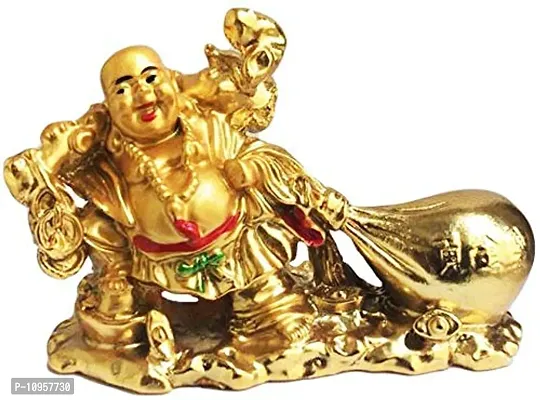 RIPE INDIA ? Porcelain Vastu Feng Shui Laughing Buddha Drag The Money Potli Showpiece 10 cm, Multi-thumb0