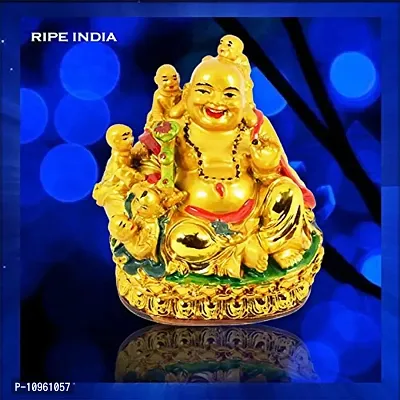 RIPE INDIA ? Polyresin Laughing Buddha with Children for Health Wealth and Happiness Showpiece (Golden, Standard)-thumb3